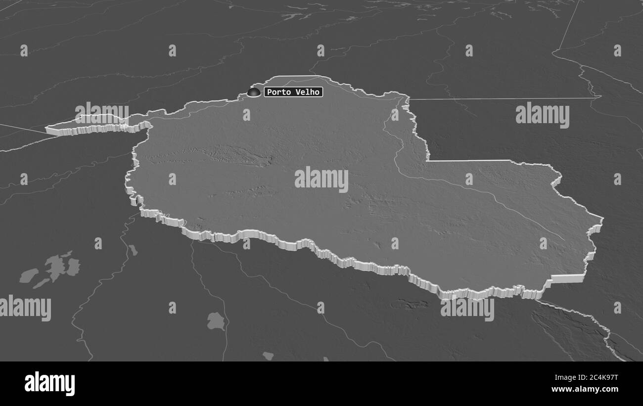 Zoom avant sur Rondônia (état du Brésil) extrudé. Perspective oblique. Carte d'altitude à deux niveaux avec les eaux de surface. Rendu 3D Banque D'Images