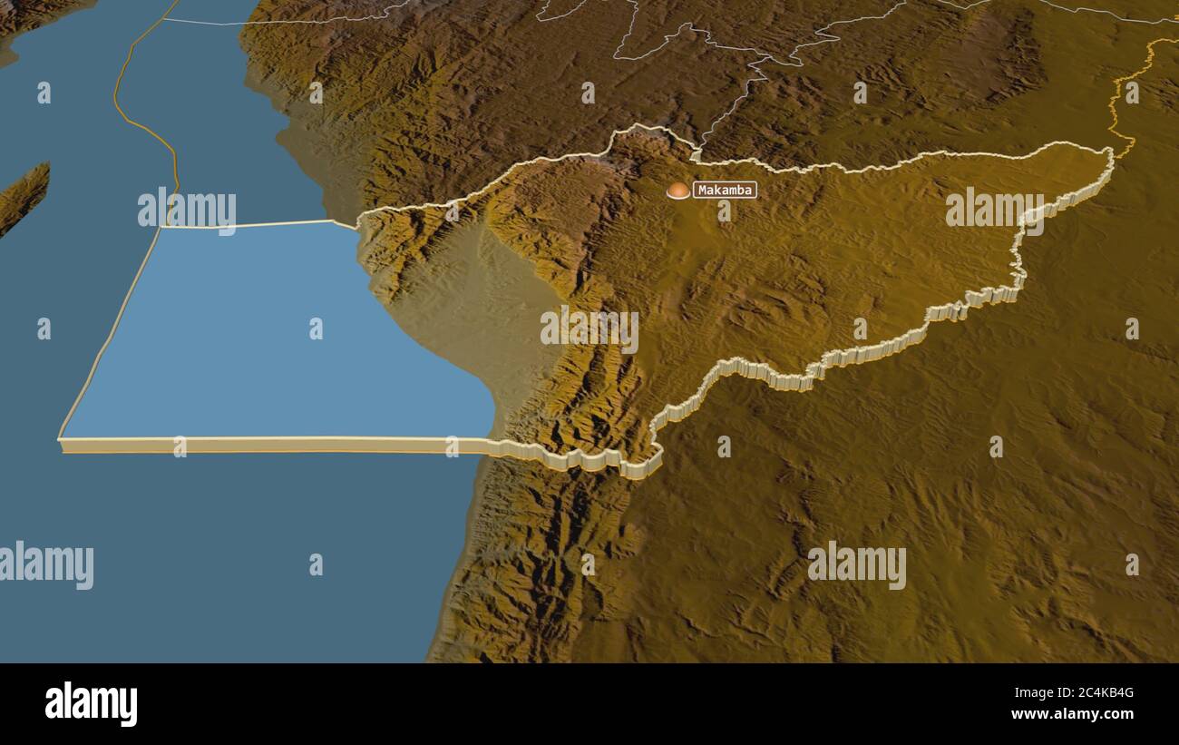 Zoom avant sur Makamba (province du Burundi) extrudé. Perspective oblique. Carte topographique des eaux de surface. Rendu 3D Banque D'Images