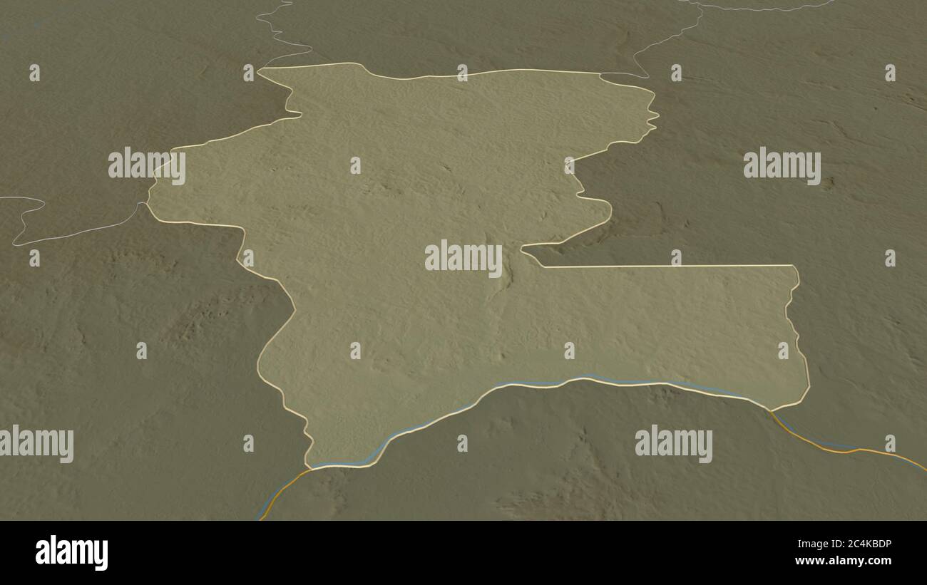 Zoom sur Kémo (préfecture de la République centrafricaine). Perspective oblique. Carte topographique des eaux de surface. Rendu 3D Banque D'Images