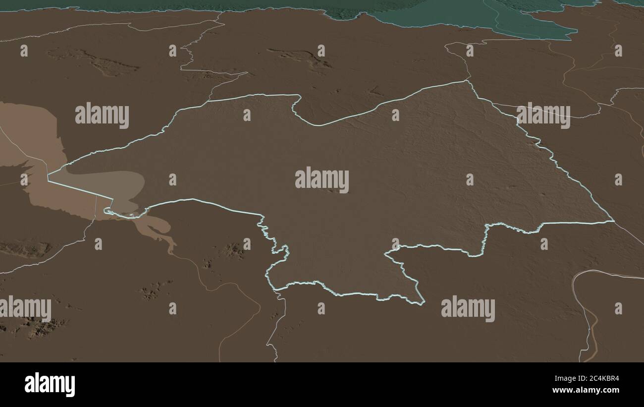 Zoom sur Kâmpóng Thum (province du Cambodge) décrit. Perspective oblique. Carte colorée et bosselée de la division administrative avec l'eau de surface Banque D'Images