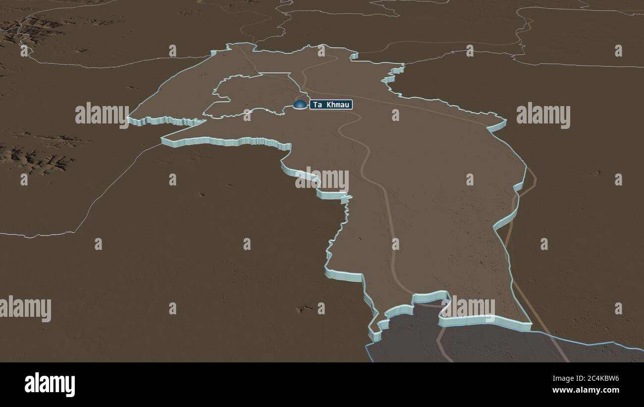 Zoom sur Kândal (province du Cambodge) extrudé. Perspective oblique. Carte colorée et bosselée de la division administrative avec les eaux de surface. 3D Banque D'Images Zoom sur Kândal (province du Cambodge) extrudé. Perspective oblique. Carte colorée et bosselée de la division administrative avec les eaux de surface. 3D Banque D'Images