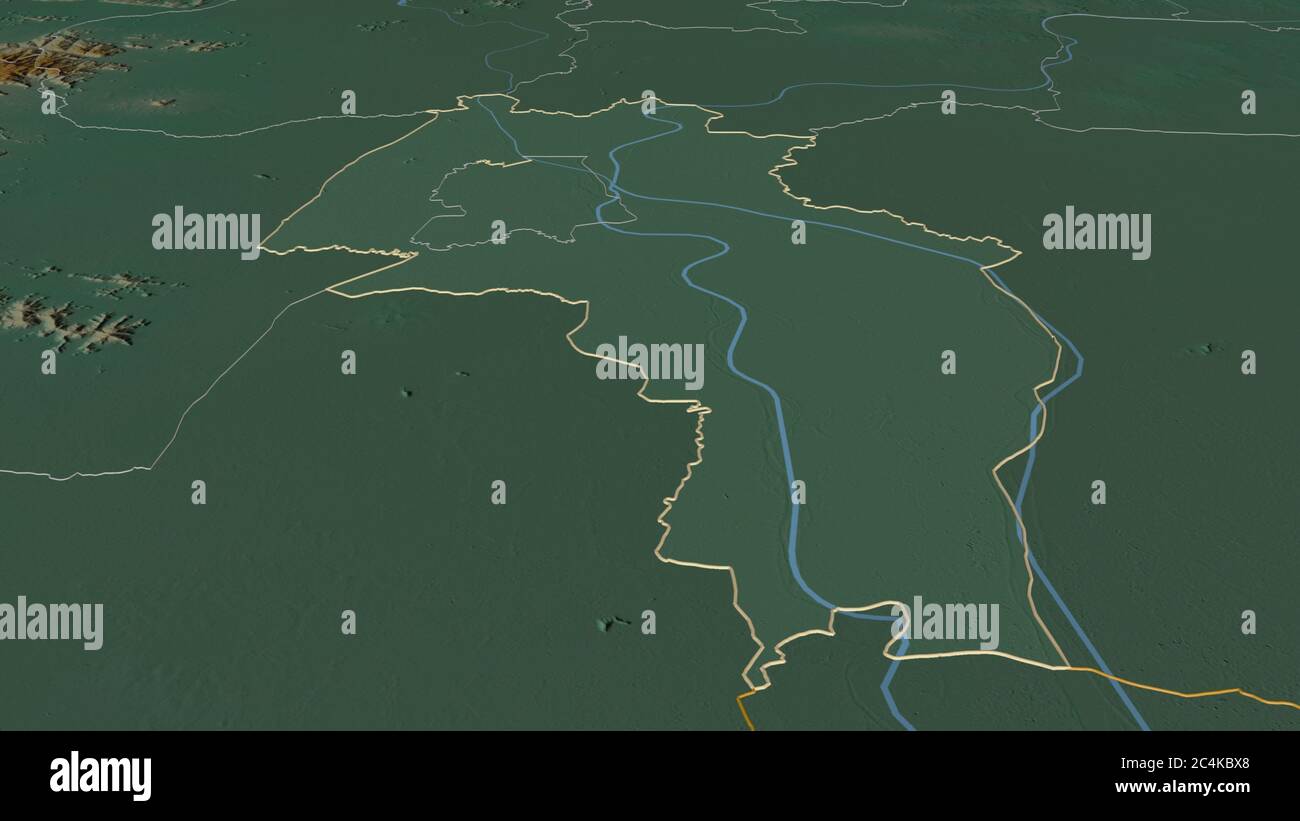 Zoom sur Kândal (province du Cambodge). Perspective oblique. Carte topographique des eaux de surface. Rendu 3D Banque D'Images Zoom sur Kândal (province du Cambodge). Perspective oblique. Carte topographique des eaux de surface. Rendu 3D Banque D'Images