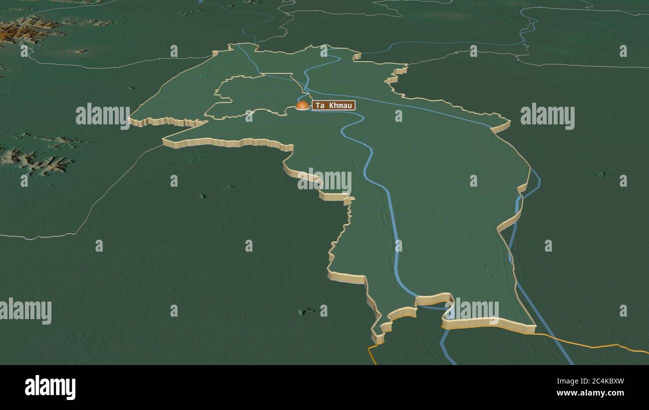 Zoom sur Kândal (province du Cambodge) extrudé. Perspective oblique. Carte topographique des eaux de surface. Rendu 3D Banque D'Images Zoom sur Kândal (province du Cambodge) extrudé. Perspective oblique. Carte topographique des eaux de surface. Rendu 3D Banque D'Images