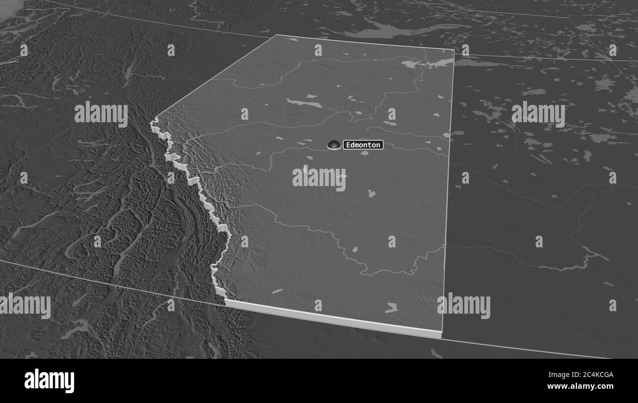 Zoom avant sur l'Alberta (province du Canada) extrudée. Perspective oblique. Carte d'altitude à deux niveaux avec les eaux de surface. Rendu 3D Banque D'Images