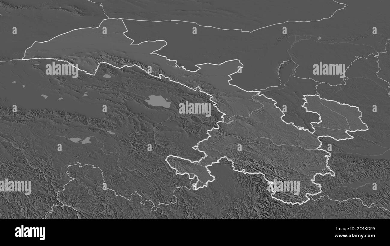 Zoom avant sur Gansu (province de Chine). Perspective oblique. Carte d'altitude à deux niveaux avec les eaux de surface. Rendu 3D Banque D'Images