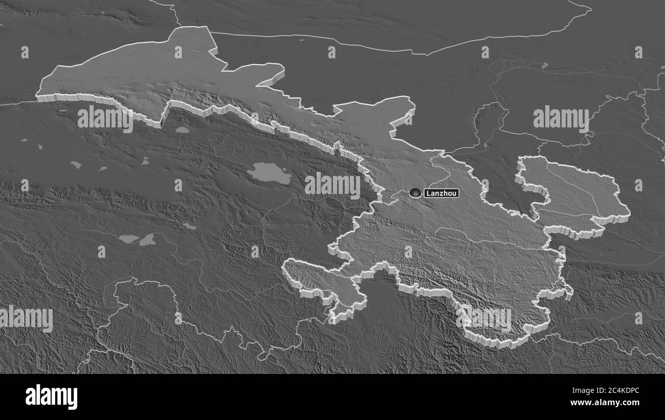 Zoom avant sur Gansu (province de Chine) extrudé. Perspective oblique. Carte d'altitude à deux niveaux avec les eaux de surface. Rendu 3D Banque D'Images