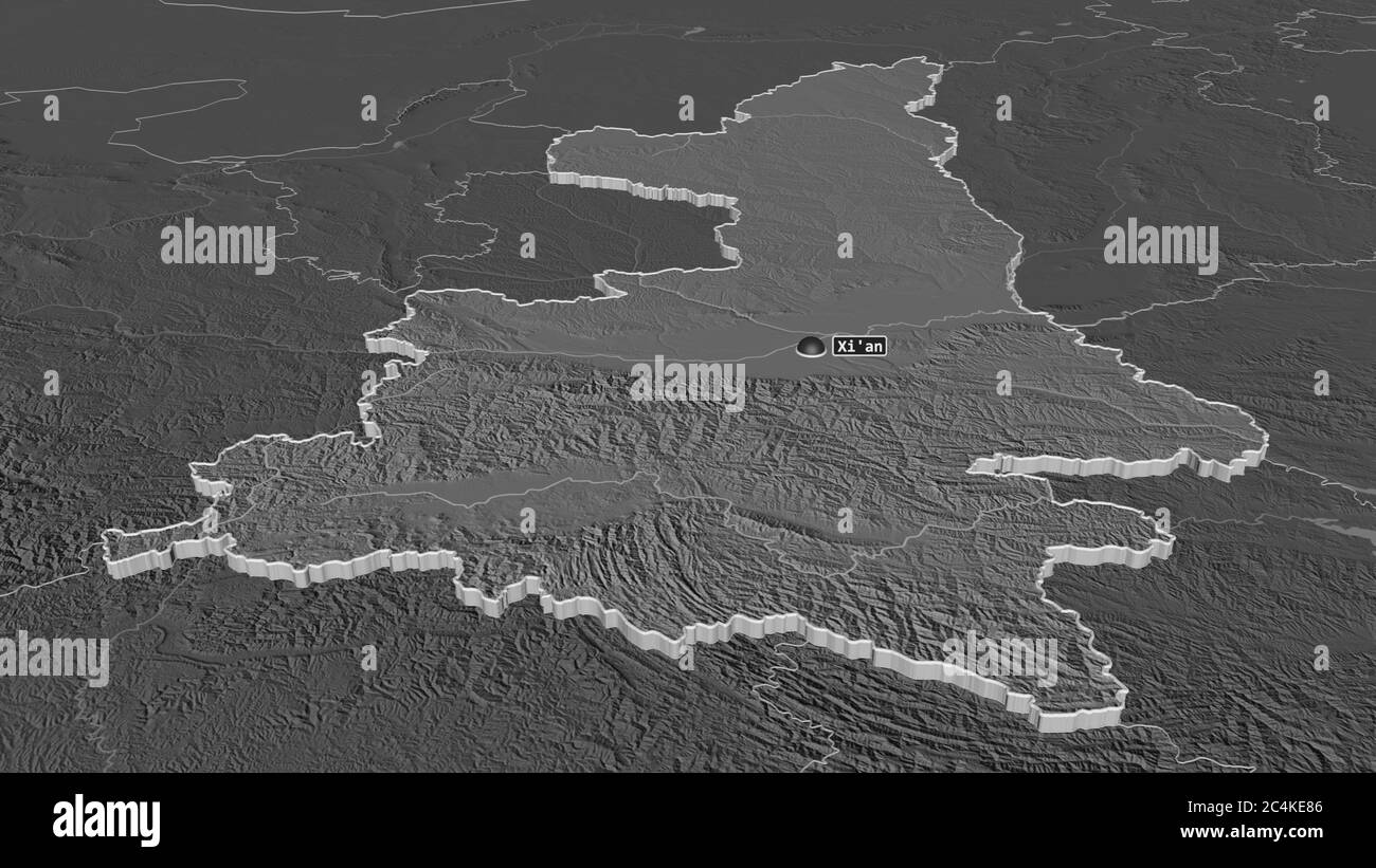 Zoom avant sur Shaanxi (province de Chine) extrudé. Perspective oblique. Carte d'altitude à deux niveaux avec les eaux de surface. Rendu 3D Banque D'Images