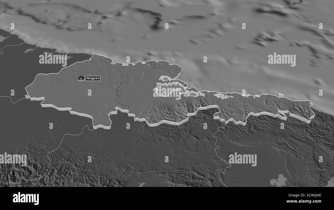 Zoom avant sur Holguín (province de Cuba) extrudé. Perspective oblique. Carte d'altitude à deux niveaux avec les eaux de surface. Rendu 3D Banque D'Images
