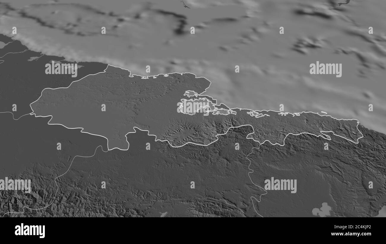 Zoom avant sur Holguín (province de Cuba). Perspective oblique. Carte d'altitude à deux niveaux avec les eaux de surface. Rendu 3D Banque D'Images