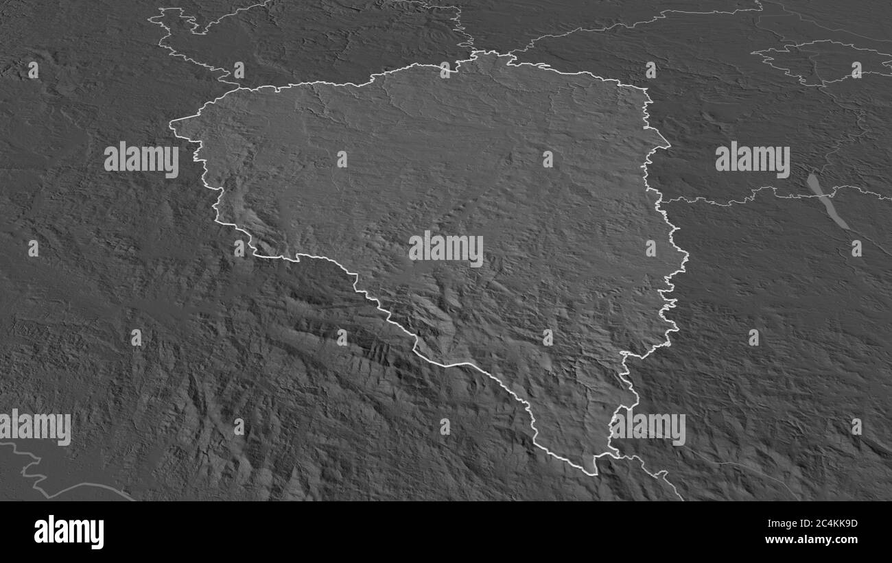 Zoom avant sur Plzeňský (région de la République tchèque). Perspective oblique. Carte d'altitude à deux niveaux avec les eaux de surface. Rendu 3D Banque D'Images