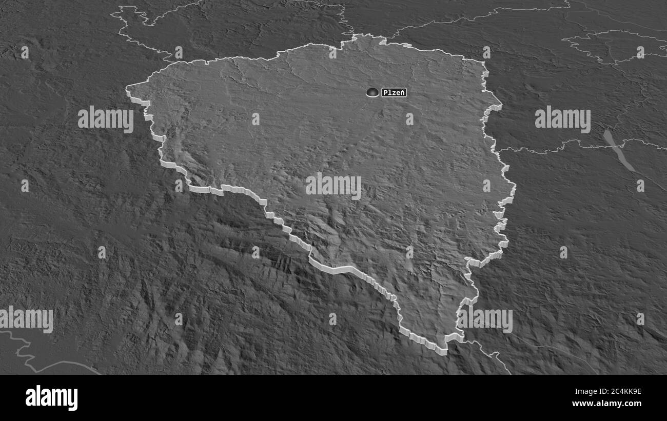 Zoom avant sur Plzeňský (région de la République tchèque) extrudé. Perspective oblique. Carte d'altitude à deux niveaux avec les eaux de surface. Rendu 3D Banque D'Images