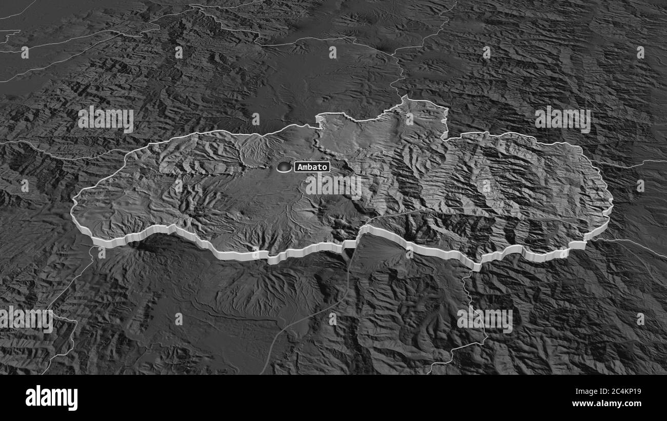 Zoom avant sur Tungurahua (province de l'Equateur) extrudé. Perspective oblique. Carte d'altitude à deux niveaux avec les eaux de surface. Rendu 3D Banque D'Images