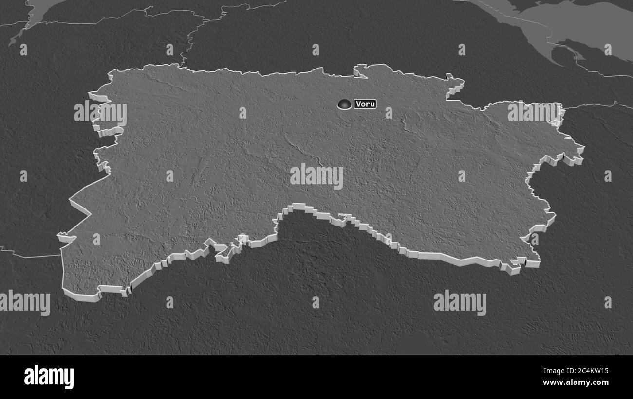 Zoom avant sur Võru (comté d'Estonie) extrudé. Perspective oblique. Carte d'altitude à deux niveaux avec les eaux de surface. Rendu 3D Banque D'Images