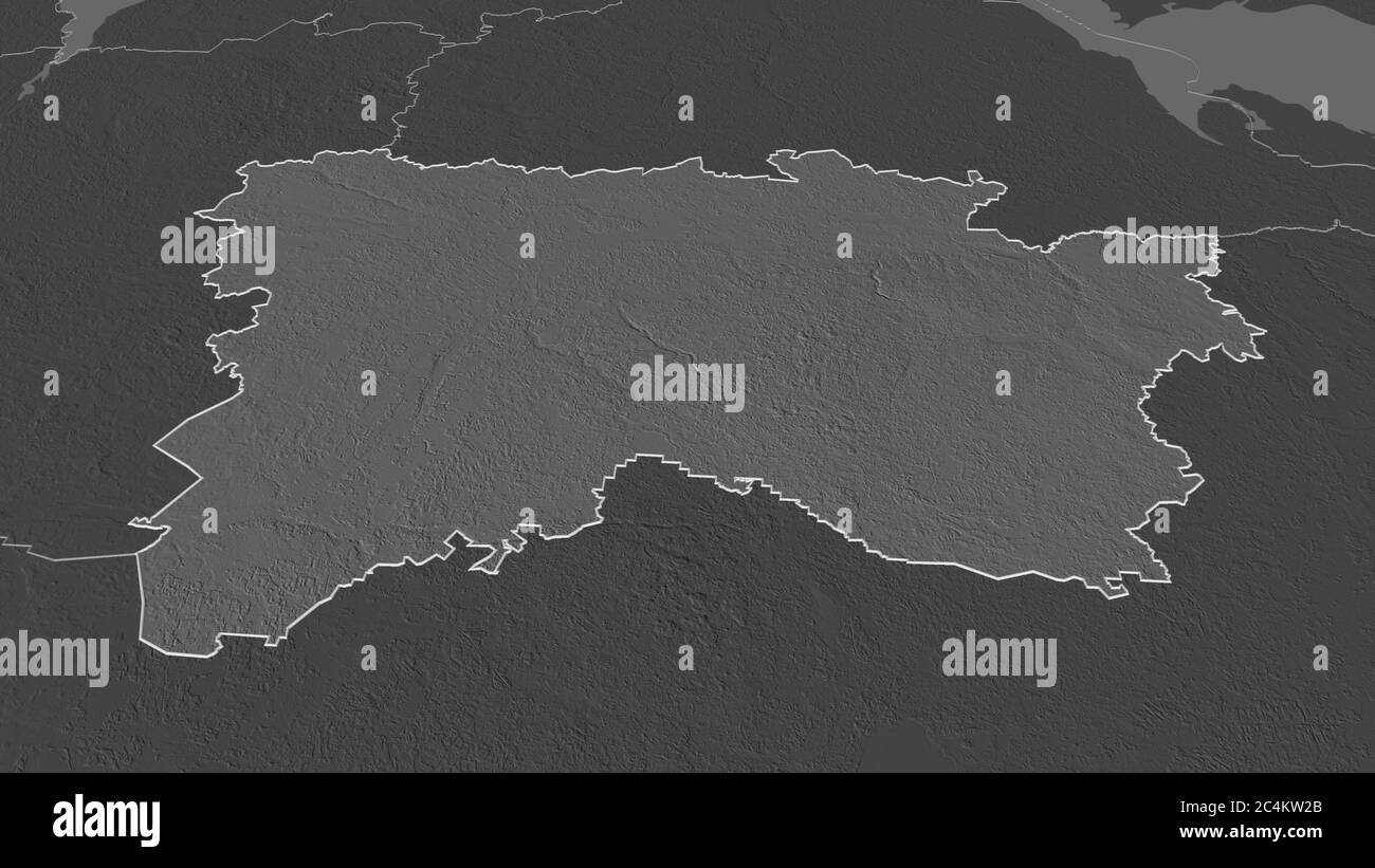 Zoom avant sur Võru (comté d'Estonie). Perspective oblique. Carte d'altitude à deux niveaux avec les eaux de surface. Rendu 3D Banque D'Images