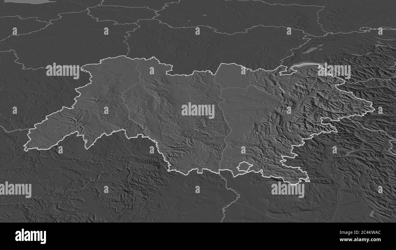 Effectuez un zoom avant sur Auvergne-Rhône-Alpes (région de France). Perspective oblique. Carte d'altitude à deux niveaux avec les eaux de surface. Rendu 3D Banque D'Images