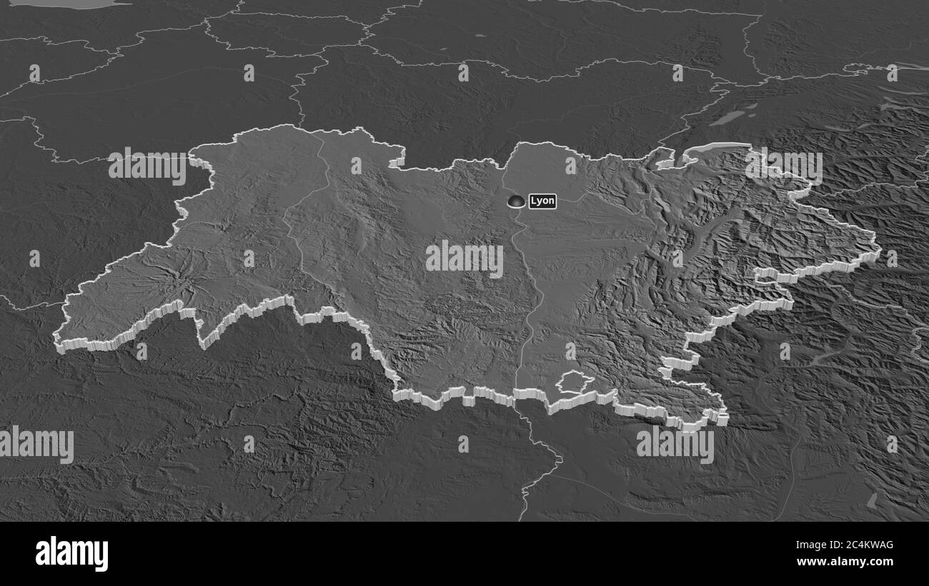 Zoom sur Auvergne-Rhône-Alpes (région de France) extrudé. Perspective oblique. Carte d'altitude à deux niveaux avec les eaux de surface. Rendu 3D Banque D'Images