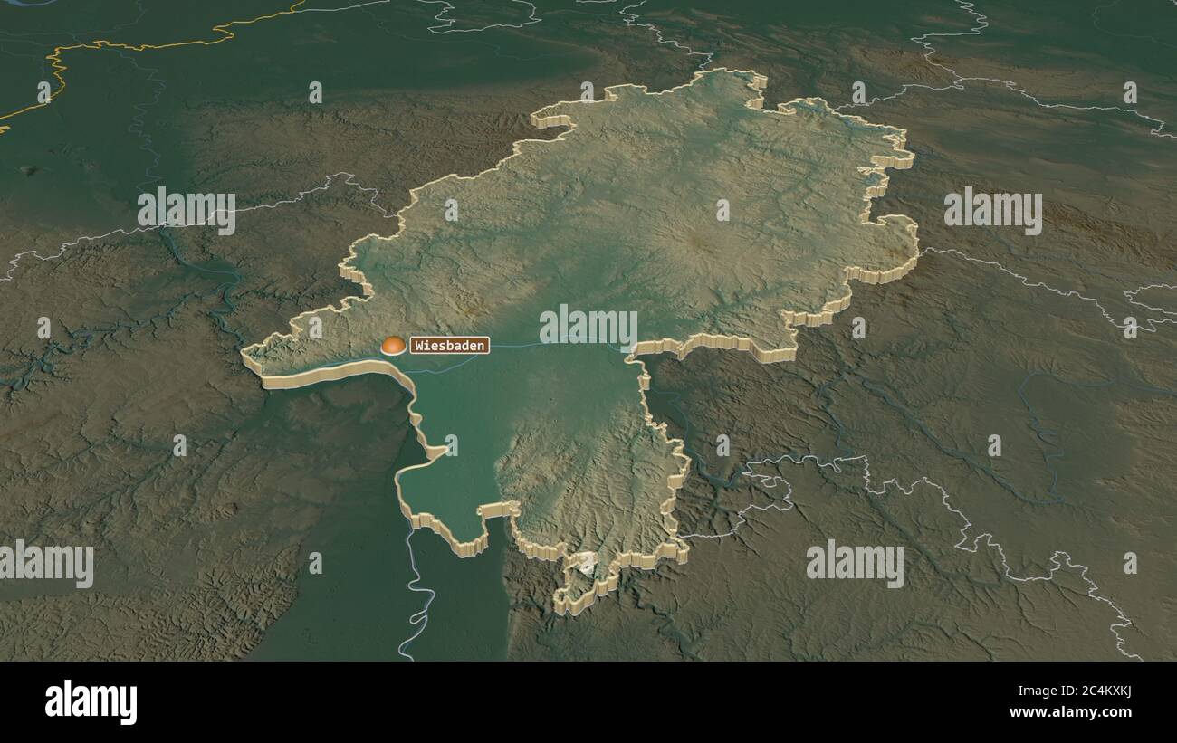 Zoom avant sur Hessen (État de l'Allemagne) extrudé. Perspective oblique. Carte topographique des eaux de surface. Rendu 3D Banque D'Images