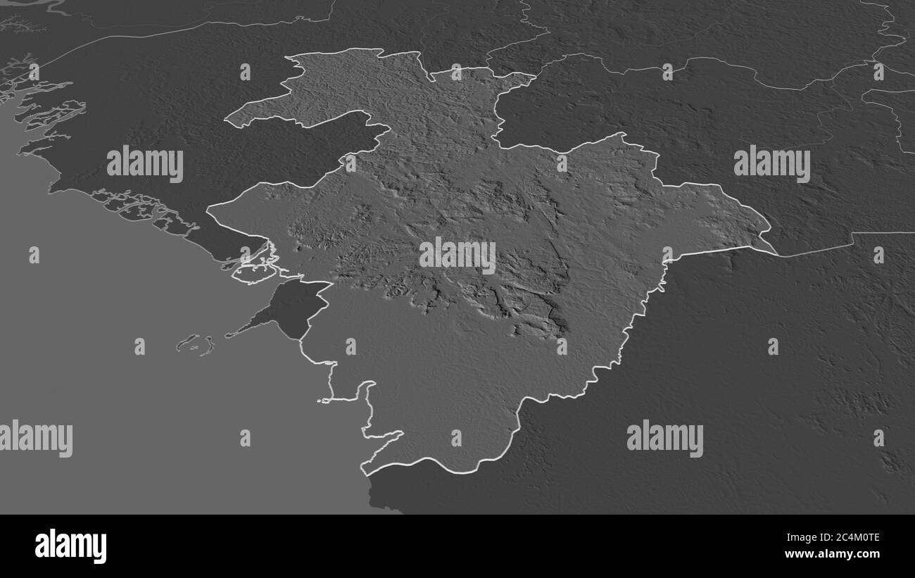 Effectuez un zoom avant sur le contour de la région de la Guinée (Kindia). Perspective oblique. Carte d'altitude à deux niveaux avec les eaux de surface. Rendu 3D Banque D'Images