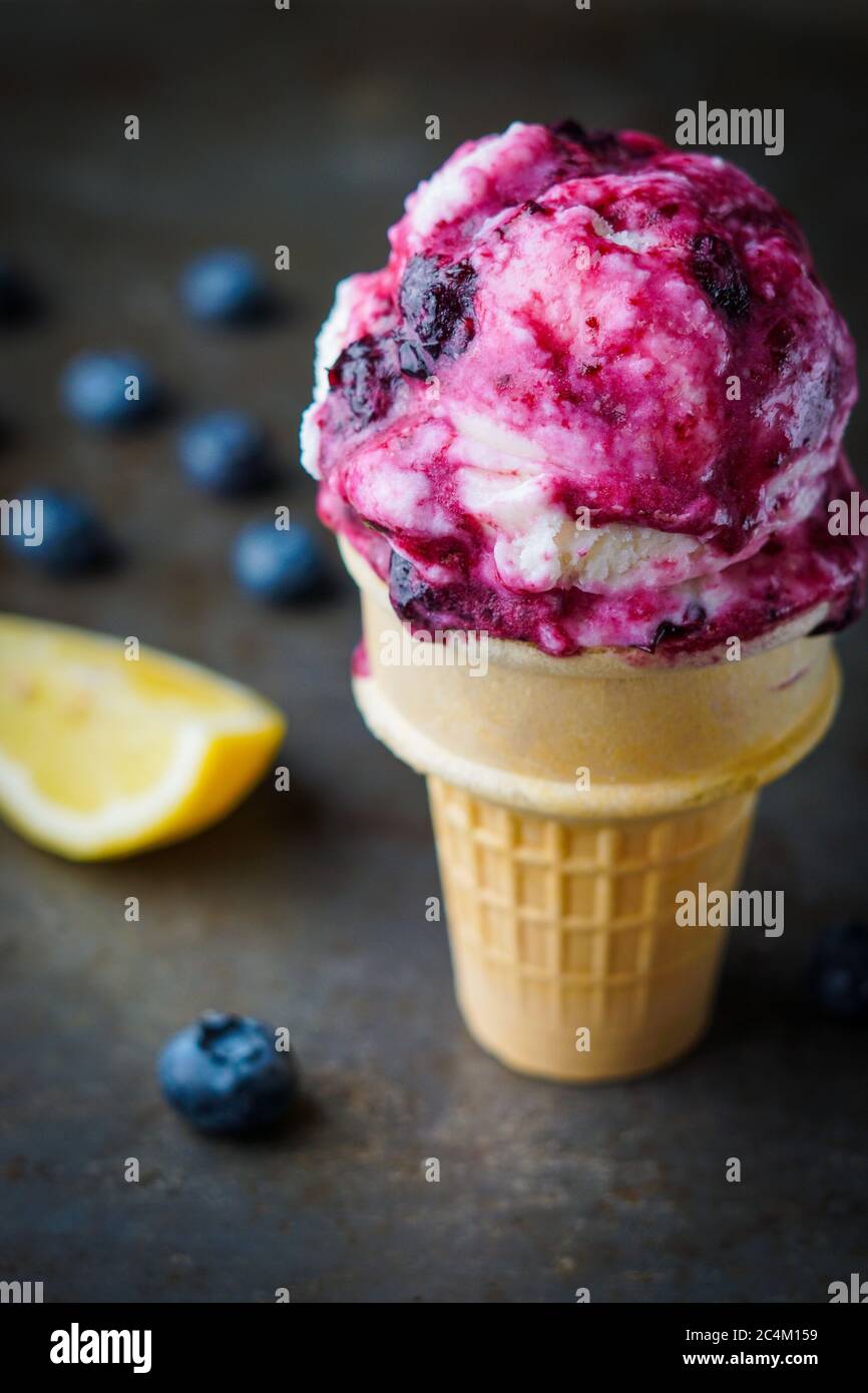 Yaourt glacé au citron avec sauce aux bleuets Banque D'Images