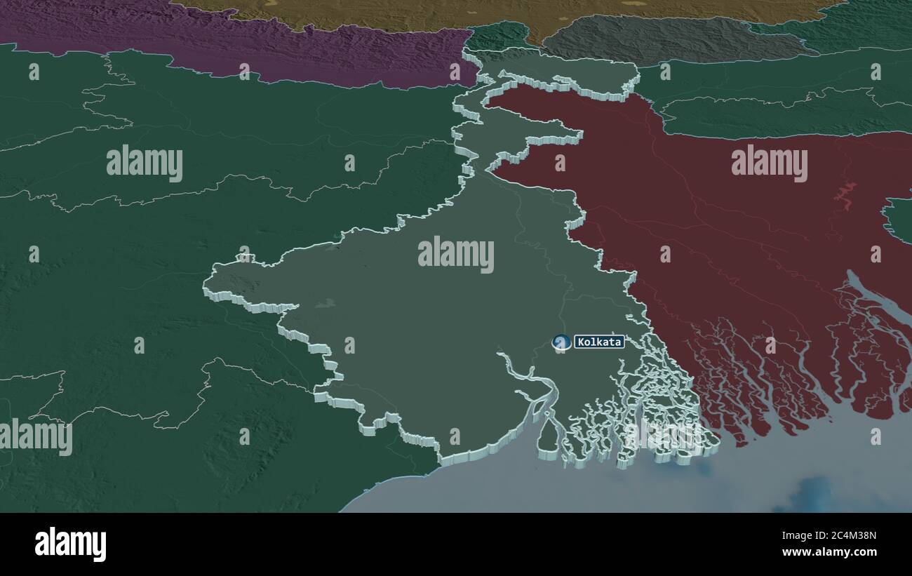 Zoom avant sur Bengale-Occidental (état de l'Inde) extrudé. Perspective oblique. Carte colorée et bosselée de la division administrative avec les eaux de surface. 3D r Banque D'Images