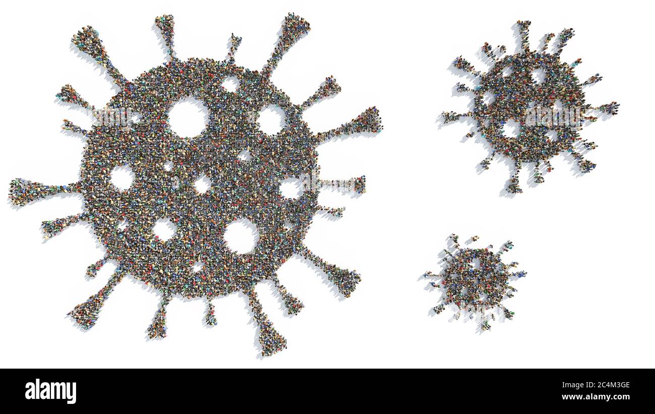 Vue en grand angle des groupes de personnes formant des formes de virus dans différentes tailles Banque D'Images