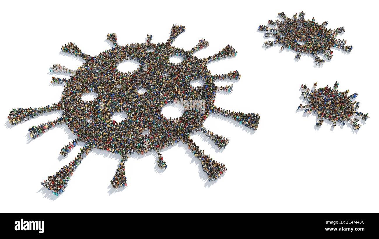 Vue en grand angle des groupes de personnes formant des formes de virus dans différentes tailles Banque D'Images