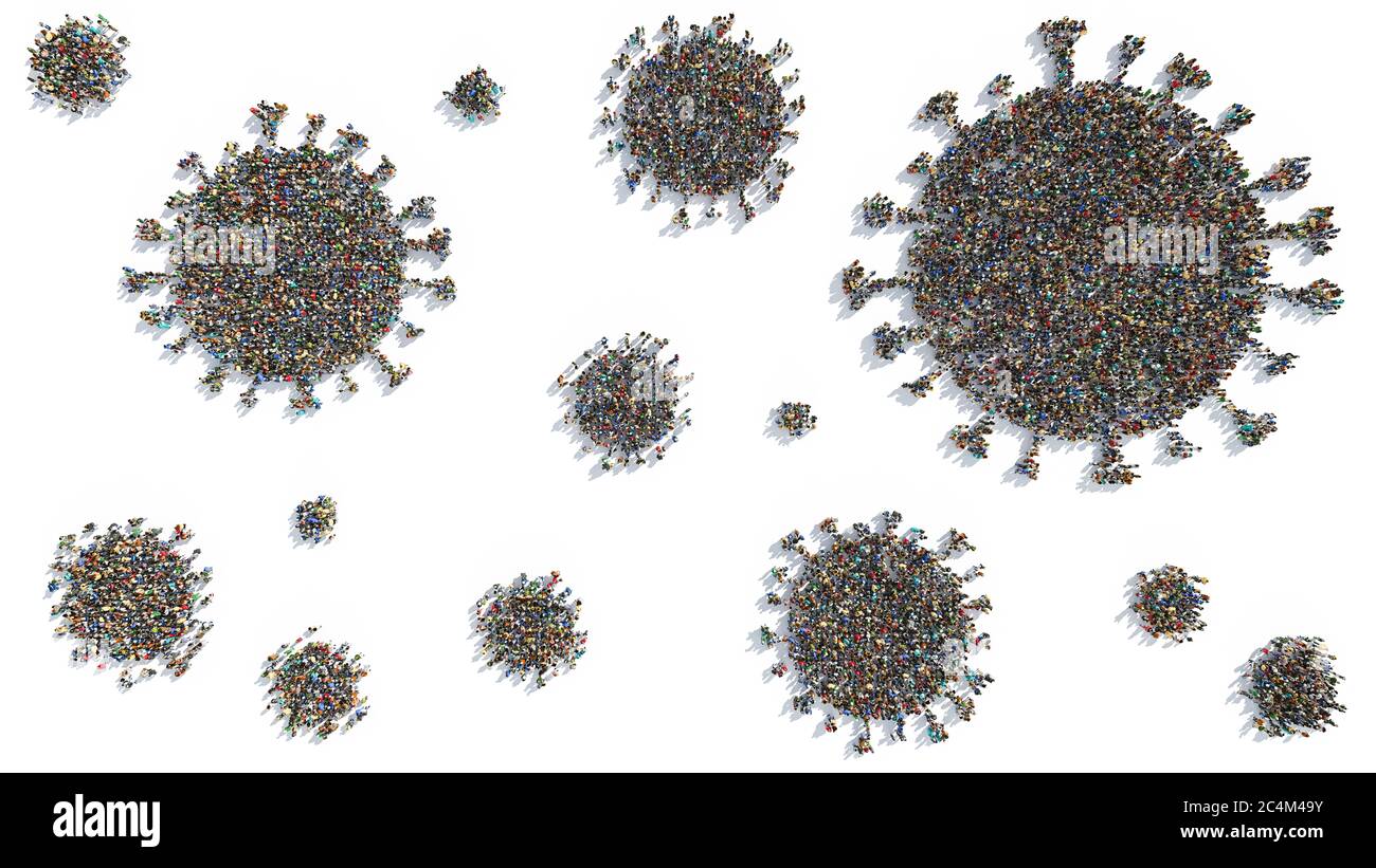 Vue en grand angle des groupes de personnes formant des formes de virus dans différentes tailles Banque D'Images