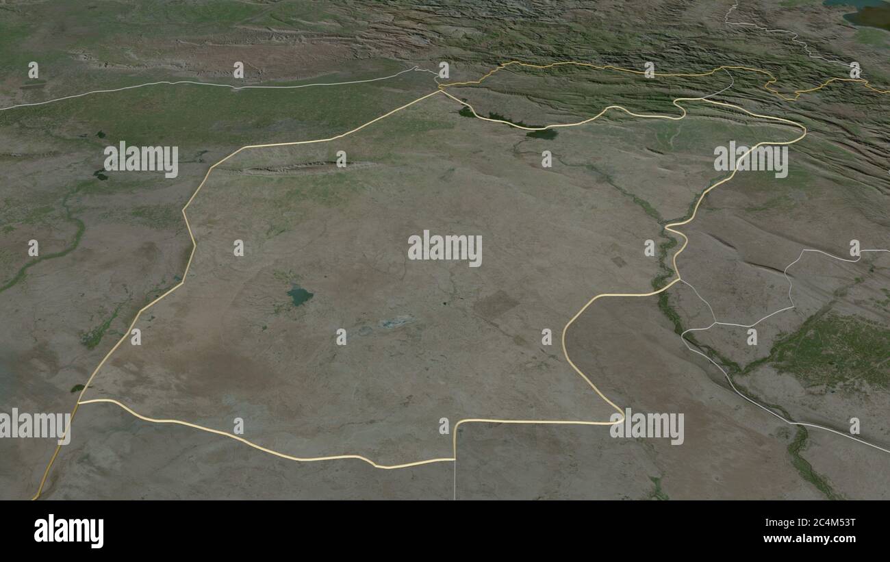 Zoom avant sur Ninawa (province d'Irak). Perspective oblique. Imagerie satellite. Rendu 3D Banque D'Images