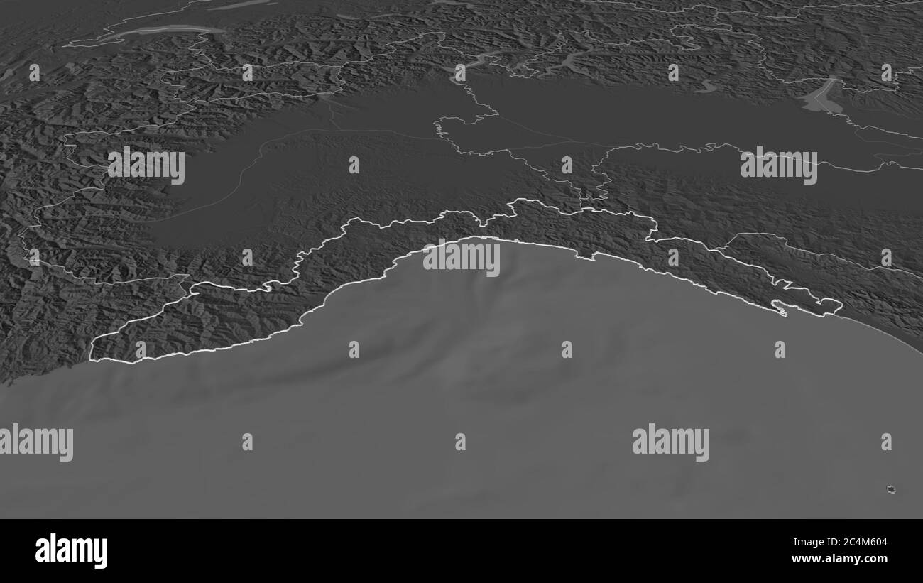 Effectuez un zoom avant sur la Ligurie (région de l'Italie). Perspective oblique. Carte d'altitude à deux niveaux avec les eaux de surface. Rendu 3D Banque D'Images