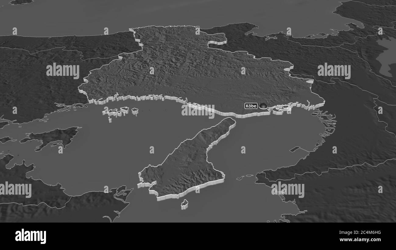 Zoom avant sur Hyōgo (préfecture du Japon) extrudé. Perspective oblique. Carte d'altitude à deux niveaux avec les eaux de surface. Rendu 3D Banque D'Images