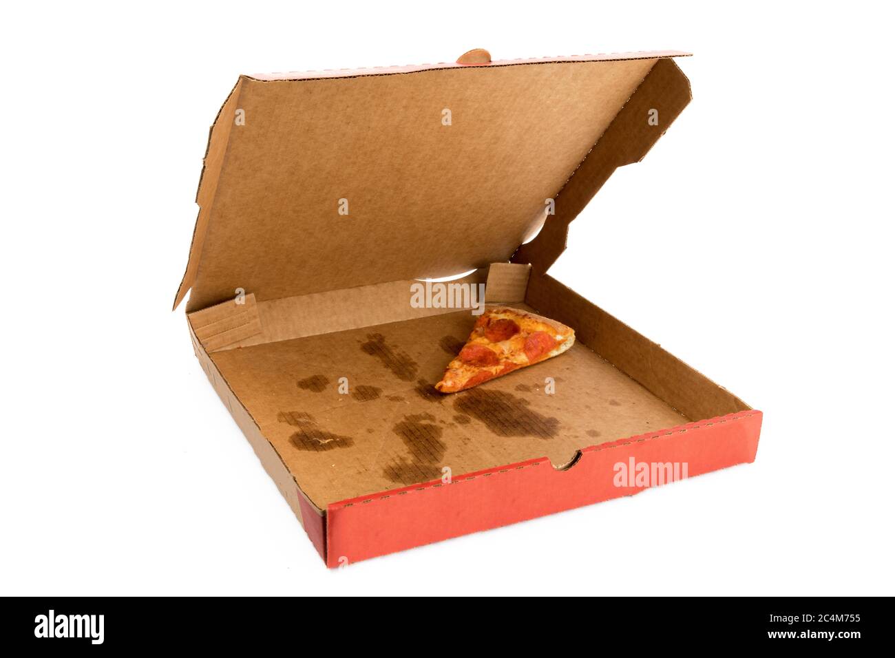 une boîte vide de pizza à emporter avec une tranche laissée isolée sur blanc Banque D'Images une boîte vide de pizza à emporter avec une tranche laissée isolée sur blanc Banque D'Images