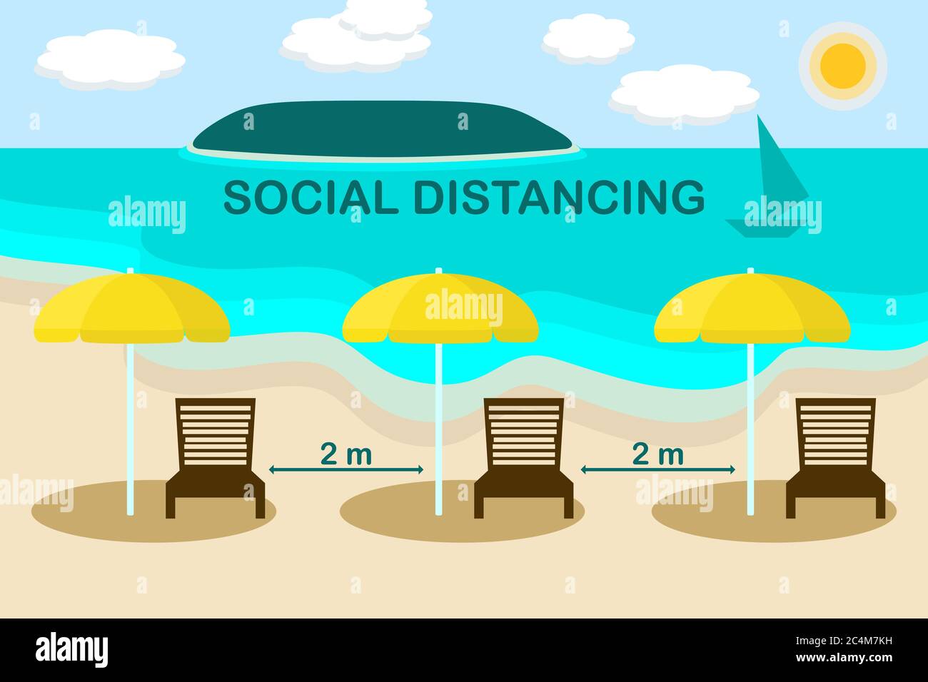 Icône de distance de sécurité.Gardez une distance de sécurité de 2 m de chaise et de parapluie sur la plage après le verrouillage en raison de la corona virus covid. Nouveau concept normal.cabine UV Symbol Illustration de Vecteur