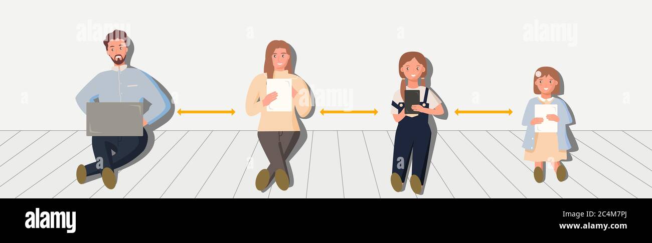 Nouvelle famille normale. Père travaillant à domicile sur ordinateur portable. Mère Shopping en ligne. Classe d'apprentissage en ligne pour les étudiants de fille. Jeu d'enfant. Stylet plat de dessin animé Illustration de Vecteur