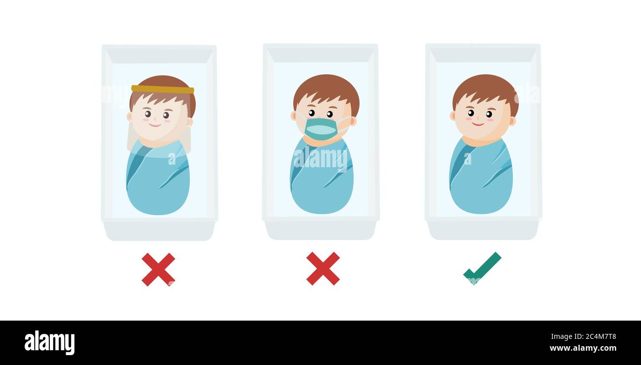 Le masque est conçu pour protéger bébé du visage des gouttelettes respiratoires provenant des adultes qui les entourent, qui toussent ou éternuent, mais il n'est pas conçu pour être porté Illustration de Vecteur