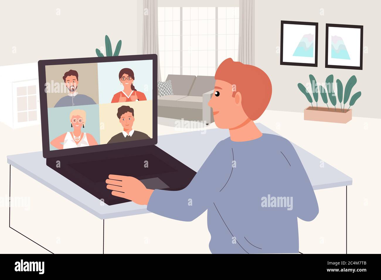 Homme travail à domicile vidéo conférence réunion avec l'équipe dans le concept de distance sociale, le gars de bureau rester à la maison de travail à la maison chaise conférence avec Illustration de Vecteur