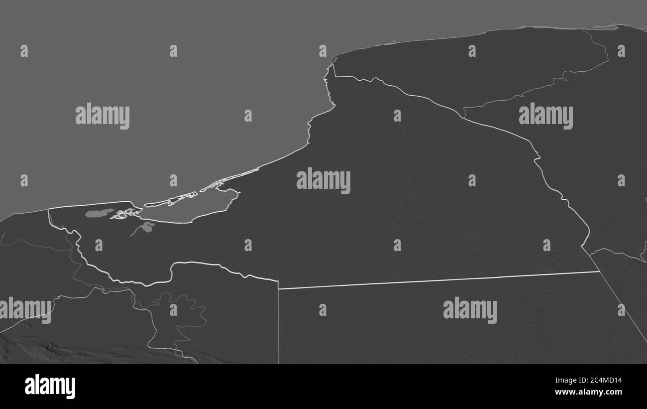 Effectuez un zoom avant sur Campeche (État du Mexique). Perspective oblique. Carte d'altitude à deux niveaux avec les eaux de surface. Rendu 3D Banque D'Images