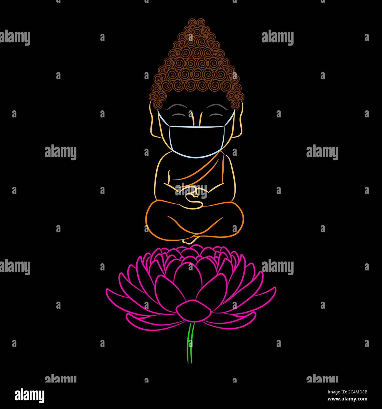 Design coloré d'un adorable et mignon Bouddha souriant portant un masque protecteur contre la pandémie de coronavirus qui médite sur une fleur de Lotus Illustration de Vecteur