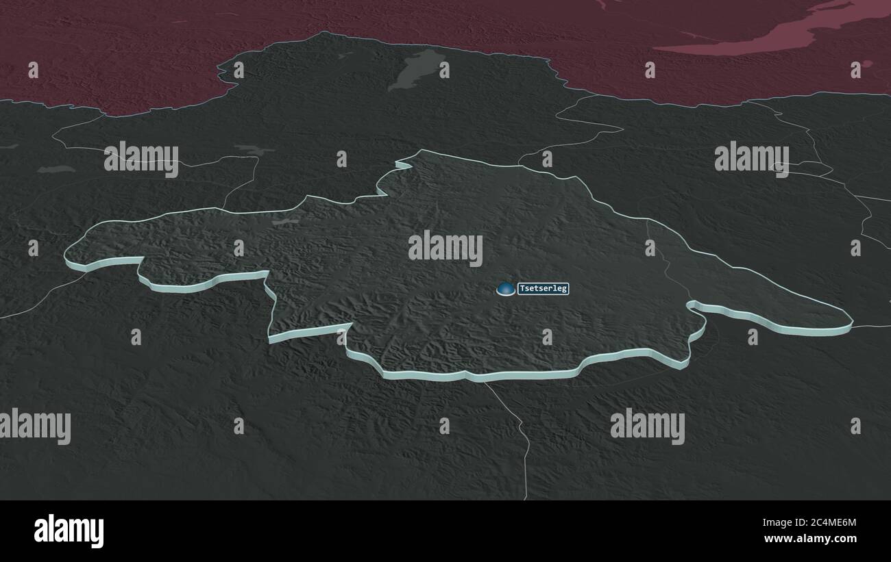 Zoom avant sur Arhangay (province de Mongolie) extrudé. Perspective oblique. Carte colorée et bosselée de la division administrative avec les eaux de surface. 3 Banque D'Images