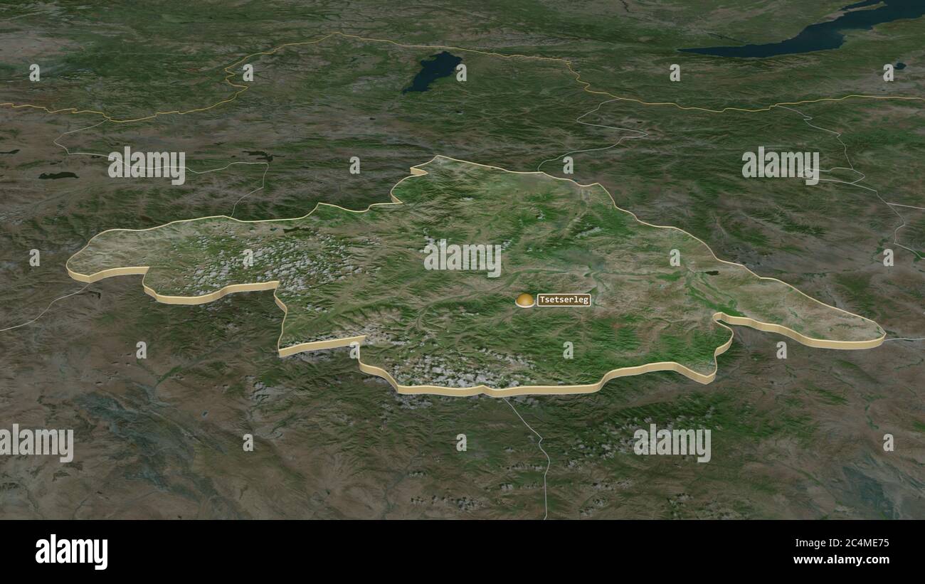 Zoom avant sur Arhangay (province de Mongolie) extrudé. Perspective oblique. Imagerie satellite. Rendu 3D Banque D'Images