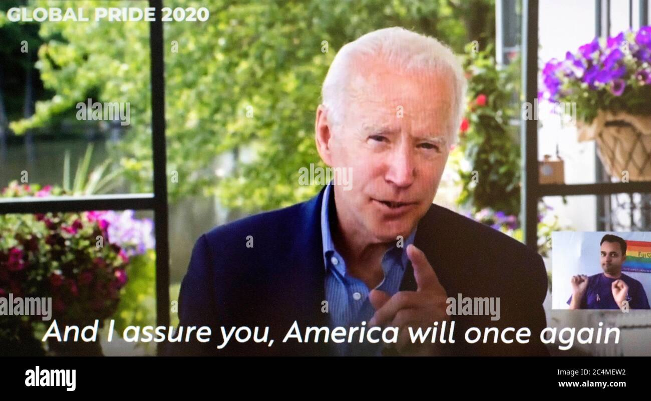 Wilmington, Delaware, États-Unis. 27 juin 2020. Capture vidéo du vice-président JOE BIDEN, qui a transmis un message de soutien, d'encouragement et d'amour à l'événement mondial fierté 2020, la plus grande célébration LGBTQI jamais organisée. Crédit : Brian Cahn/ZUMA Wire/Alay Live News Banque D'Images