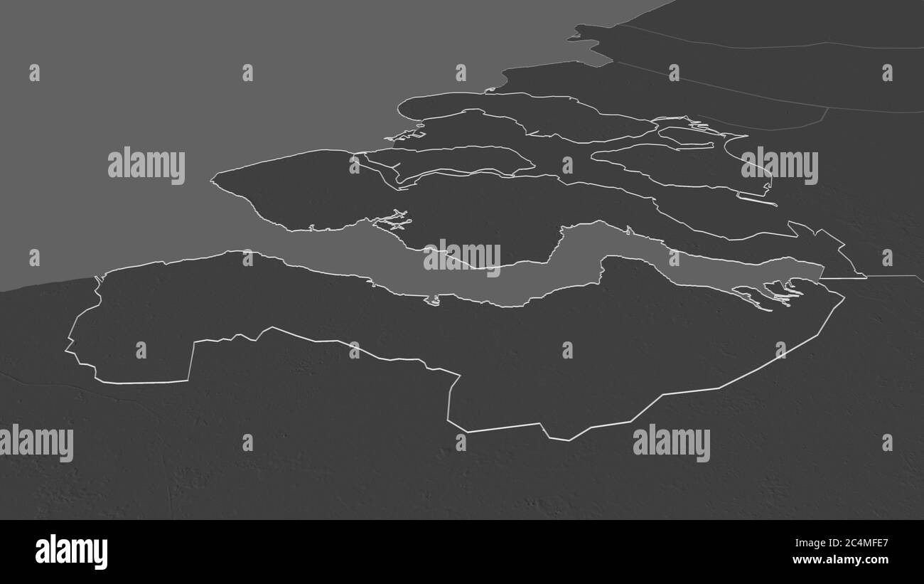 Effectuez un zoom avant sur Zeeland (province des pays-Bas). Perspective oblique. Carte d'altitude à deux niveaux avec les eaux de surface. Rendu 3D Banque D'Images