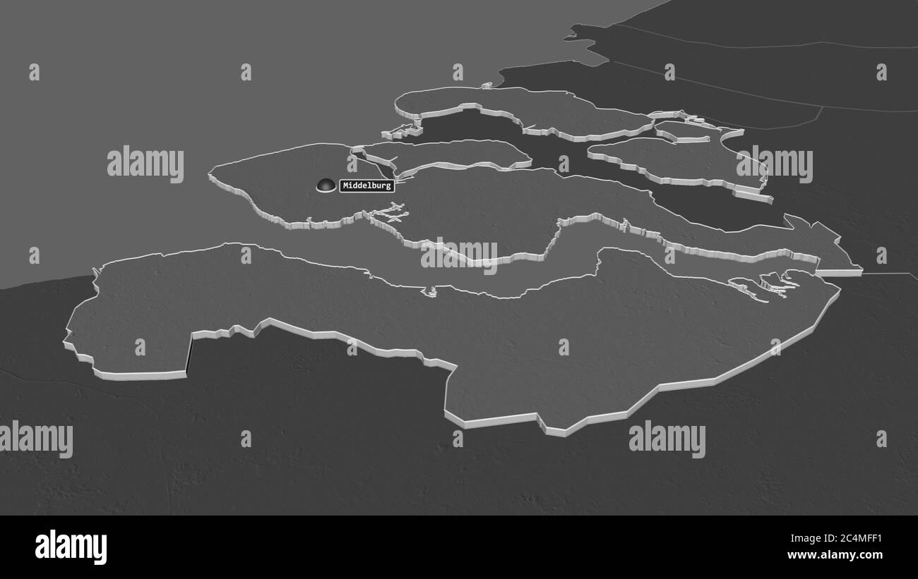 Zoom avant sur Zeeland (province des pays-Bas) extrudé. Perspective oblique. Carte d'altitude à deux niveaux avec les eaux de surface. Rendu 3D Banque D'Images