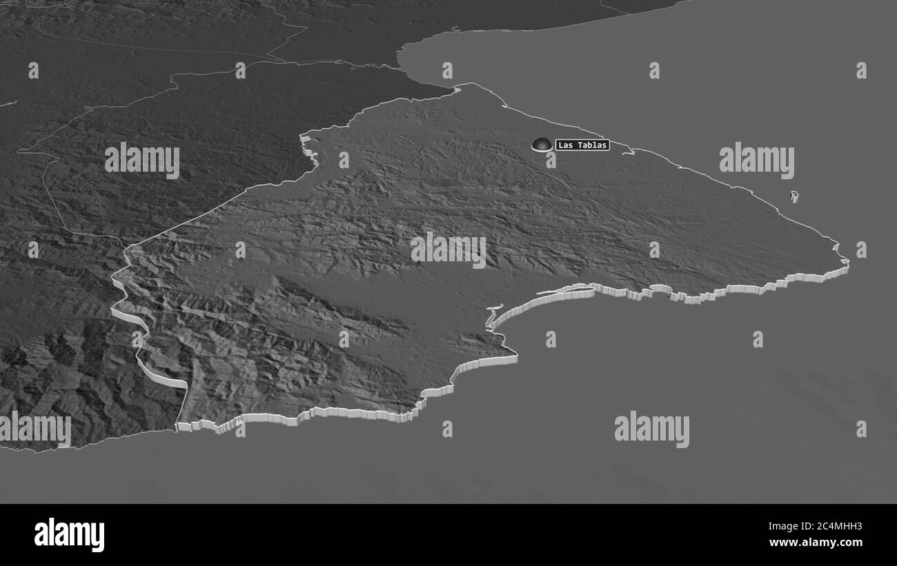 Zoom avant sur Los Santos (province de Panama) extrudé. Perspective oblique. Carte d'altitude à deux niveaux avec les eaux de surface. Rendu 3D Banque D'Images