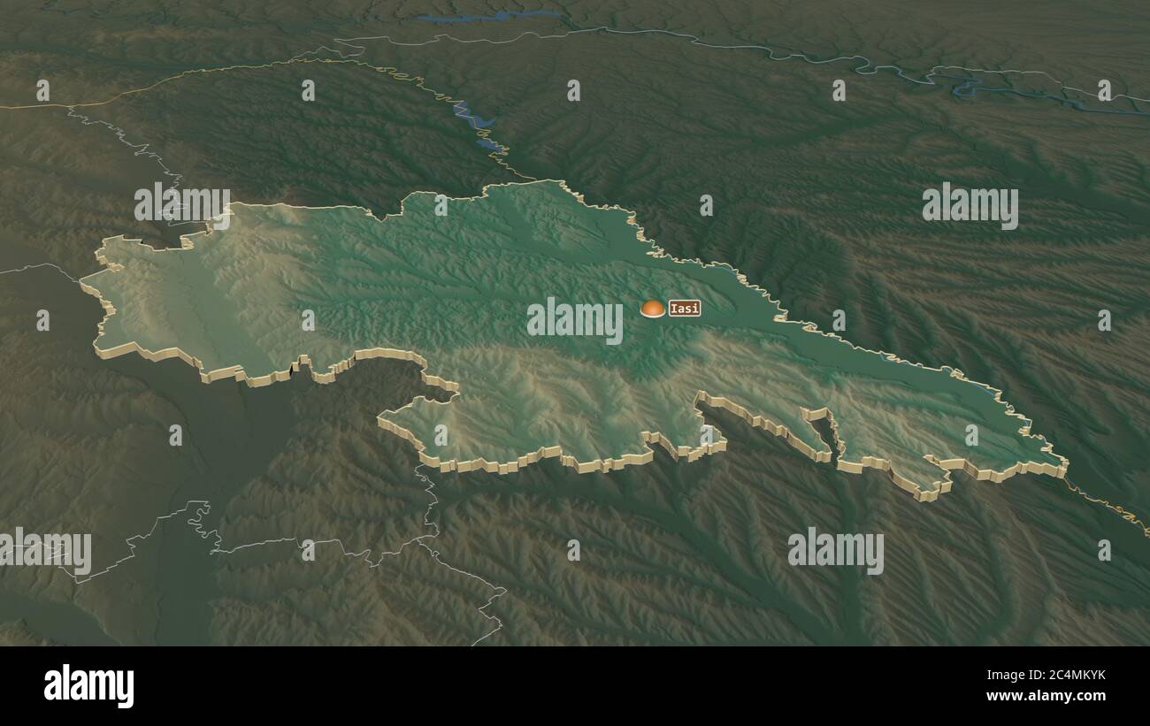 Zoom avant sur Iași (comté de Roumanie) extrudé. Perspective oblique. Carte topographique des eaux de surface. Rendu 3D Banque D'Images