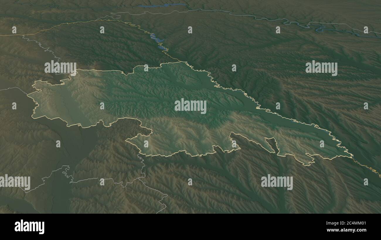 Zoom avant sur Iași (comté de Roumanie) décrit. Perspective oblique. Carte topographique des eaux de surface. Rendu 3D Banque D'Images