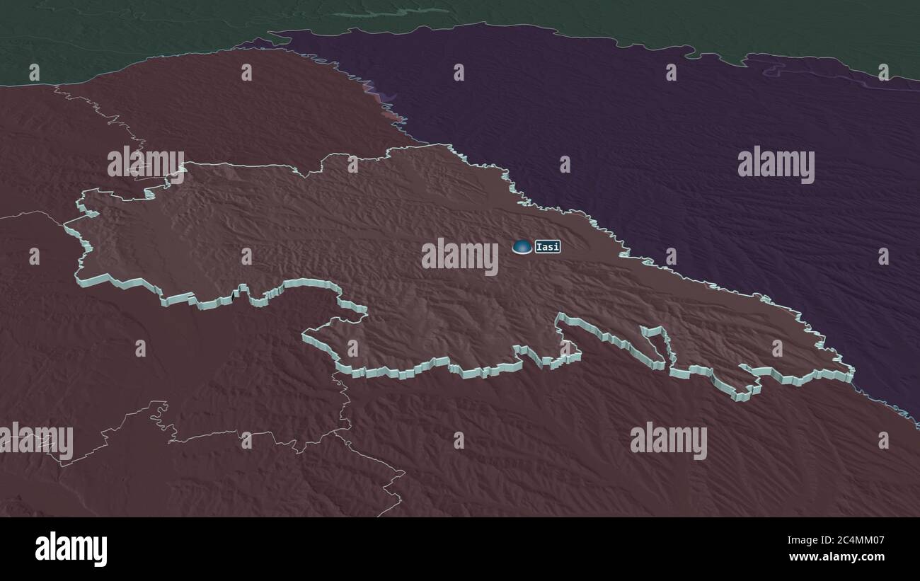 Zoom avant sur Iași (comté de Roumanie) extrudé. Perspective oblique. Carte colorée et bosselée de la division administrative avec les eaux de surface. 3D rende Banque D'Images