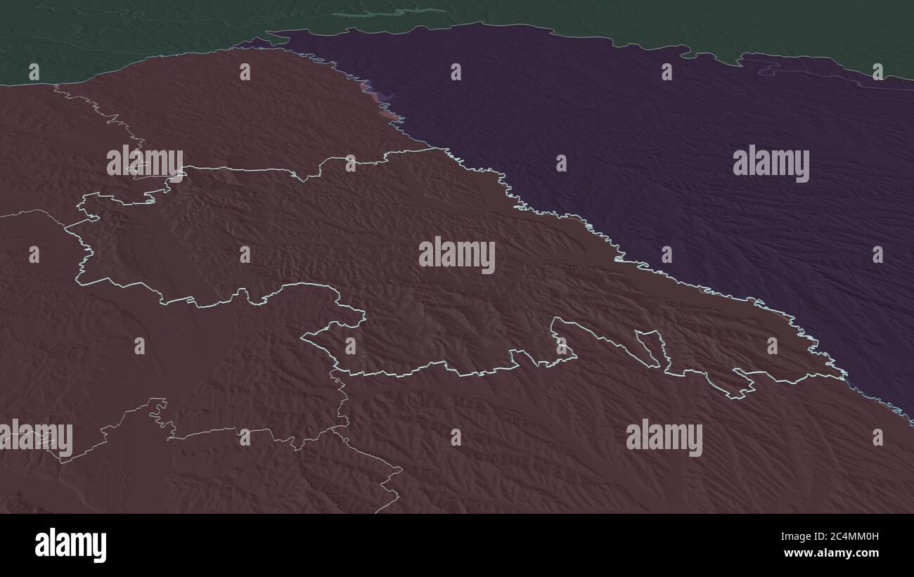 Zoom avant sur Iași (comté de Roumanie) décrit. Perspective oblique. Carte colorée et bosselée de la division administrative avec les eaux de surface. 3D rende Banque D'Images