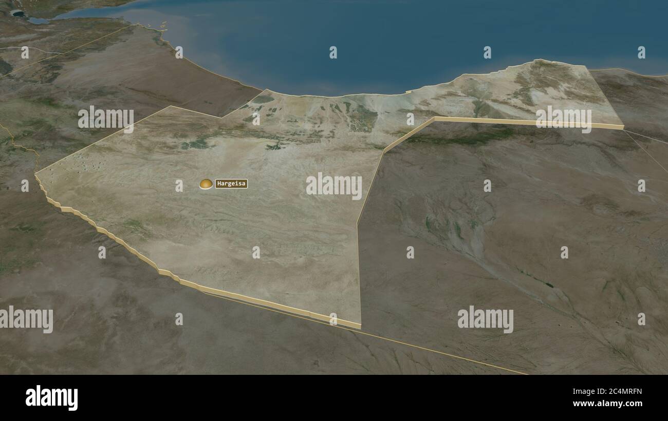 Zoom sur Woqooyi Galbeed (région de Somalie) extrudé. Perspective oblique. Imagerie satellite. Rendu 3D Banque D'Images