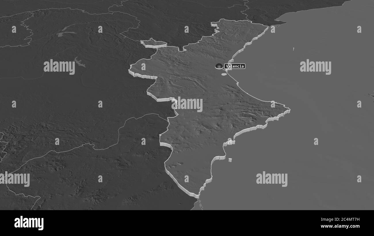 Zoom sur Comunidad Valenciana (communauté autonome d'Espagne) extrudé. Perspective oblique. Carte d'altitude à deux niveaux avec les eaux de surface. Rendu 3D Banque D'Images