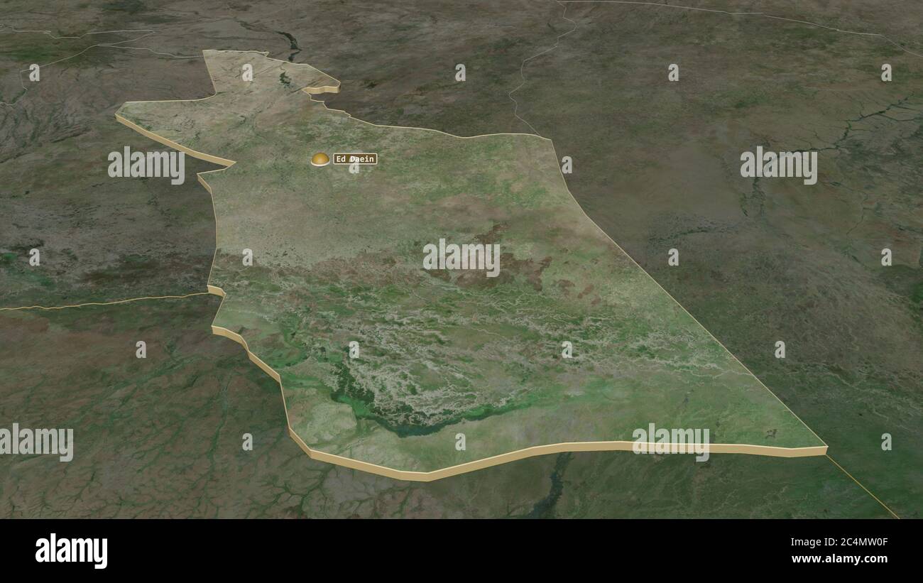 Zoom avant sur l'est du Darfour (état du Soudan) extrudé. Perspective oblique. Imagerie satellite. Rendu 3D Banque D'Images